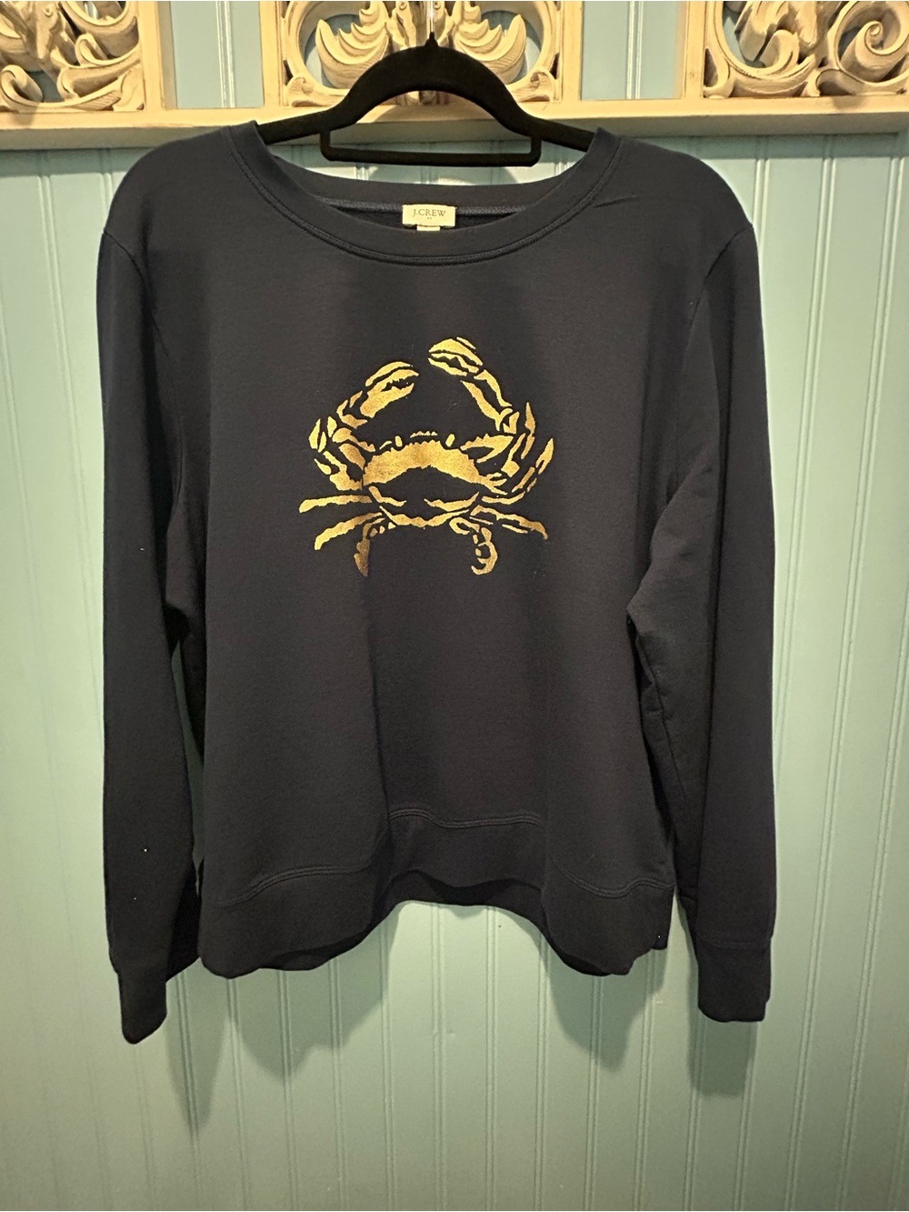 J. Crew Navy Crewneck Sweatshirt with Gold Crab Motif